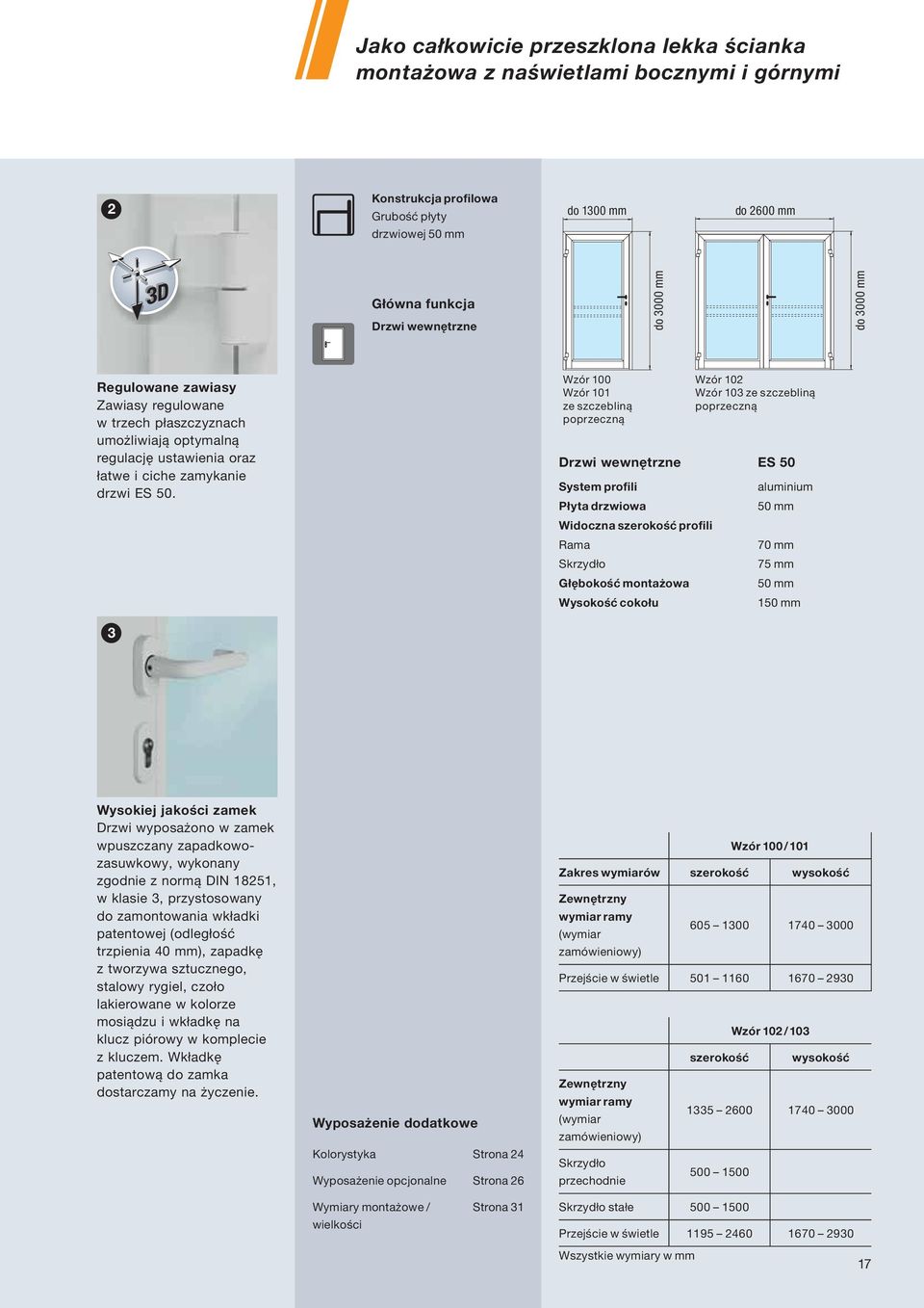 Wzór 100 Wzór 101 ze szczebliną poprzeczną Drzwi wewnętrzne ES 50 System profili Płyta drzwiowa Widoczna szerokość profili Rama Skrzydło Głębokość montażowa Wysokość cokołu Wzór 102 Wzór 103 ze