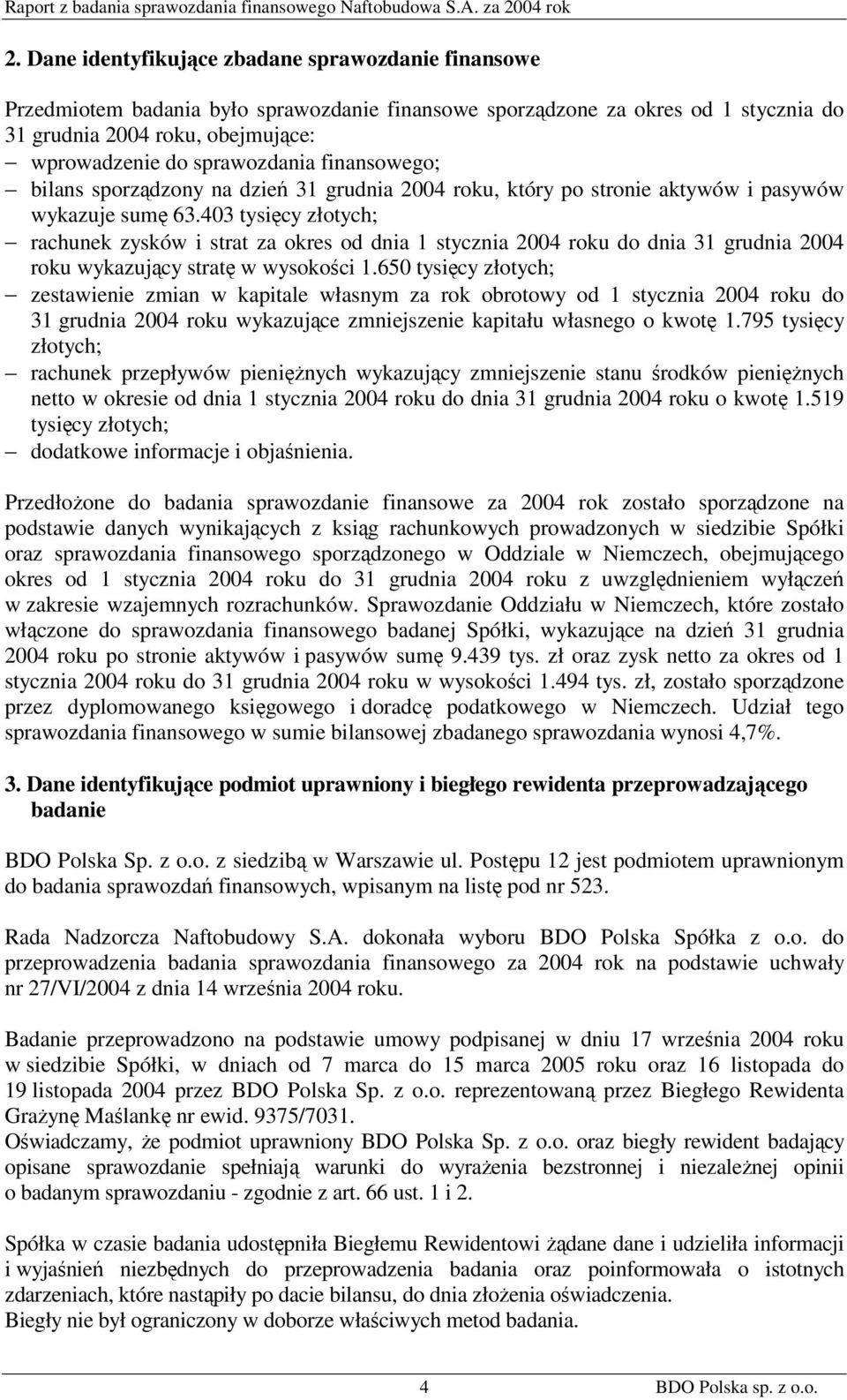 403 tysięcy złotych; rachunek zysków i strat za okres od dnia 1 stycznia 2004 roku do dnia 31 grudnia 2004 roku wykazujący stratę w wysokości 1.