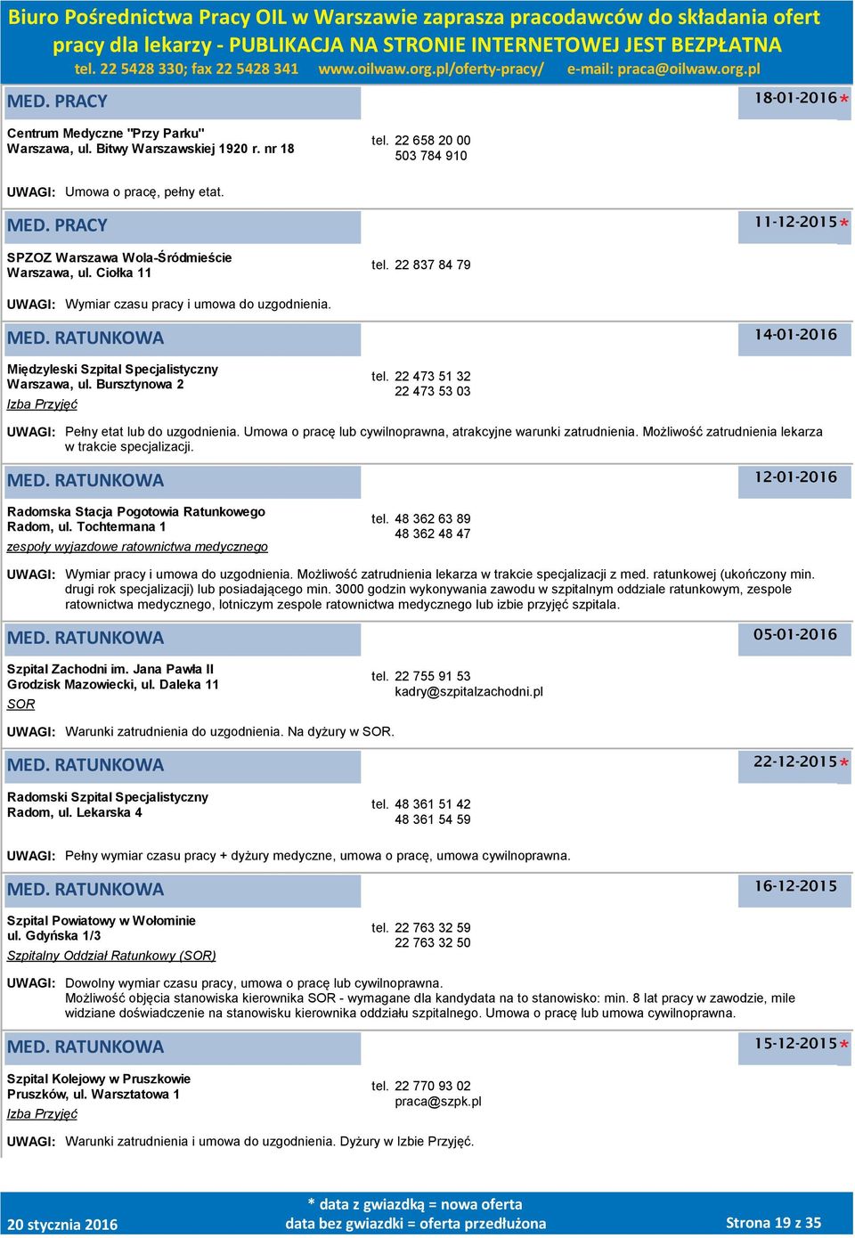 RATUNKOWA 14-01-2016 Międzyleski Szpital Specjalistyczny Warszawa, ul. Bursztynowa 2 Izba Przyjęć tel. 22 473 51 32 22 473 53 03 UWAGI: Pełny etat lub do uzgodnienia.