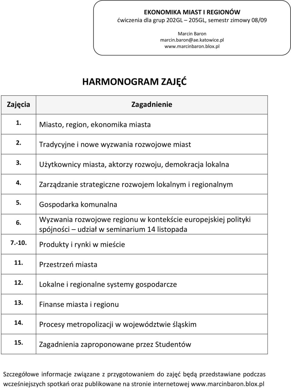 Wyzwania rozwojowe regionu w kontekście europejskiej polityki spójności udział w seminarium 14 listopada 7.-10. Produkty i rynki w mieście 11. Przestrzeń miasta 12.