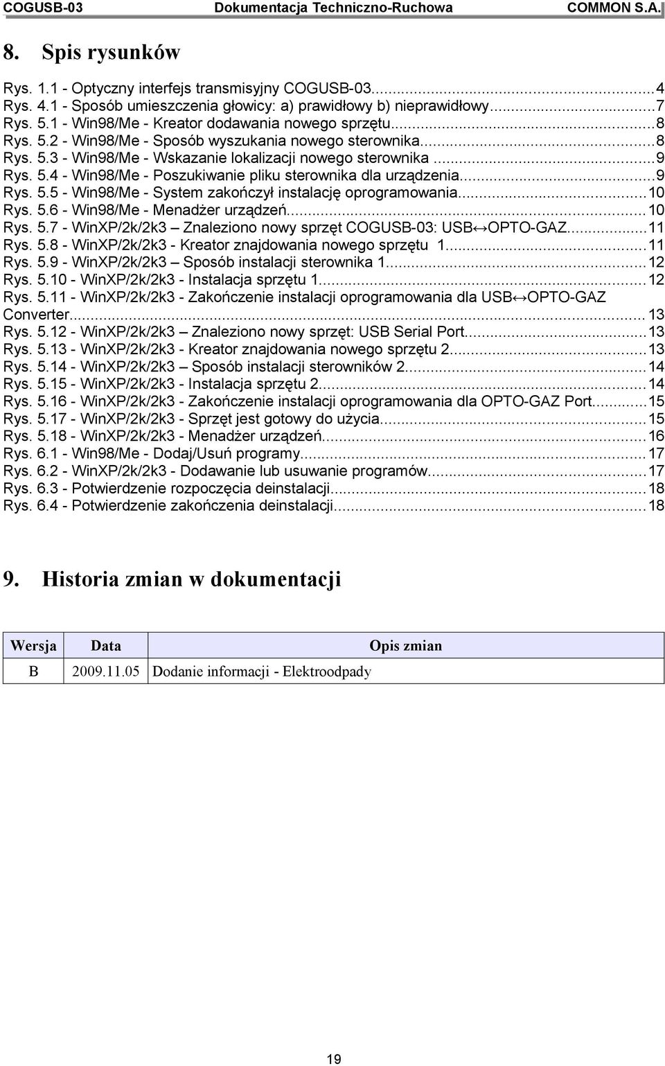 ..10 Rys. 5.6 - Win98/Me - Menadżer urządzeń...10 Rys. 5.7 - WinXP/2k/2k3 Znaleziono nowy sprzęt : USB OPTO-GAZ...11 Rys. 5.8 - WinXP/2k/2k3 - Kreator znajdowania nowego sprzętu 1...11 Rys. 5.9 - WinXP/2k/2k3 Sposób instalacji sterownika 1.