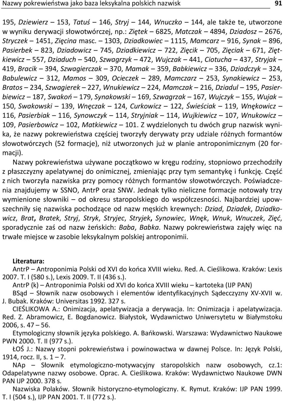 1303, Dziadkowiec 1115, Mamcarz 916, Synak 896, Pasierbek 823, Dziadowicz 745, Dziadkiewicz 722, Zięcik 705, Zięciak 671, Ziętkiewicz 557, Dziaduch 540, Szwagrzyk 472, Wujczak 441, Ciotucha 437,