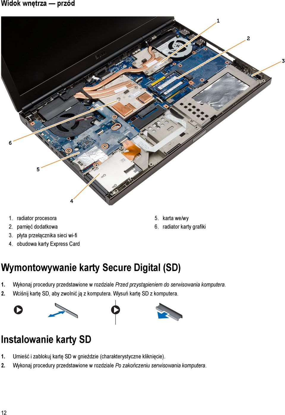 Wykonaj procedury przedstawione w rozdziale Przed przystąpieniem do serwisowania komputera. 2. Wciśnij kartę SD, aby zwolnić ją z komputera.