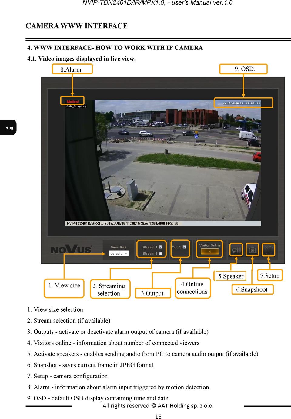 Outputs - activate or deactivate alarm output of camera (if available) 4. Visitors online - information about number of connected viewers 5.