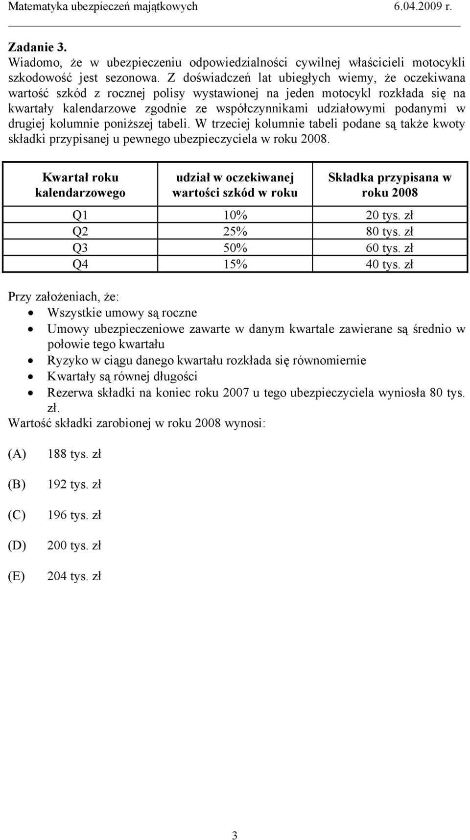 drugiej kolumnie poniższej tabeli. W trzeciej kolumnie tabeli podane są także kwoty składki przypisanej u pewnego ubezpieczyciela w roku 008.