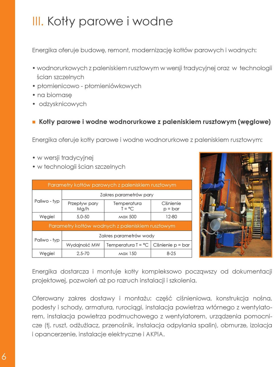 rusztowym: w wersji tradycyjnej w technologii ścian szczelnych Paliwo - typ Parametry kotłów parowych z paleniskiem rusztowym Przepływ pary Mg/h Zakres parametrów pary Temperatura T = C Ciśnienie р =