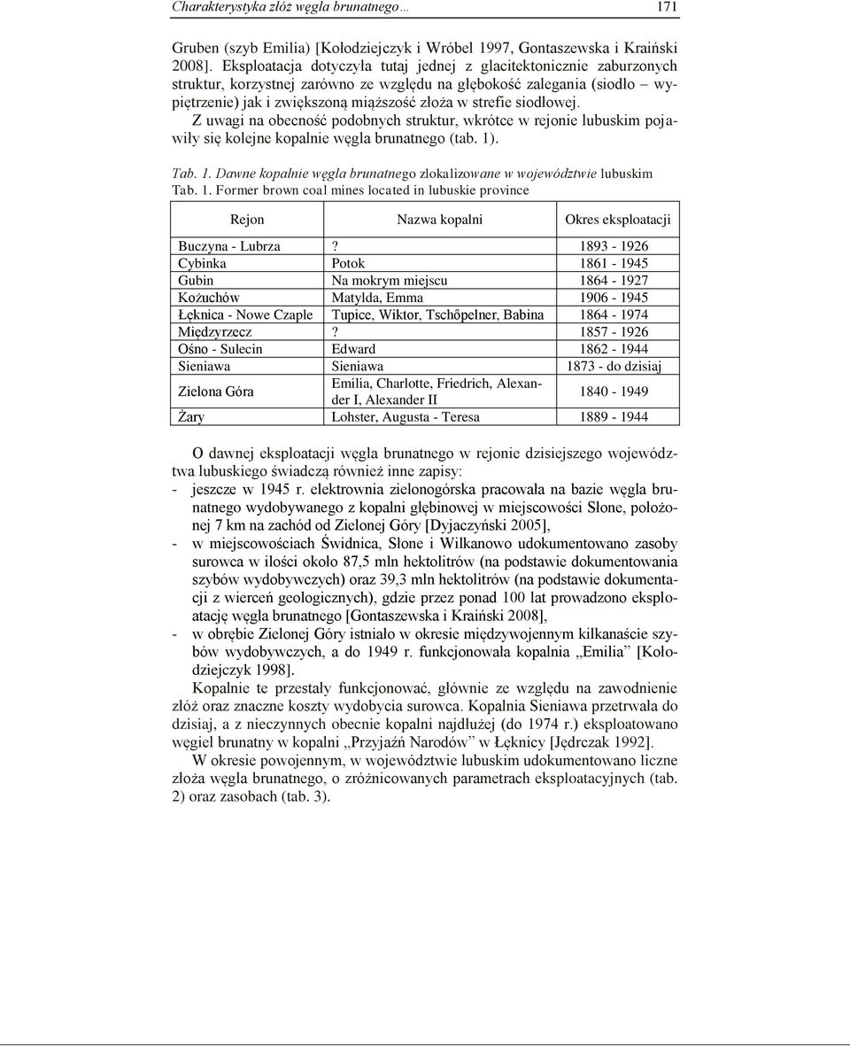 siodłowej. Z uwagi na obecność podobnych struktur, wkrótce w rejonie lubuskim pojawiły się kolejne kopalnie węgla brunatnego (tab. 1)