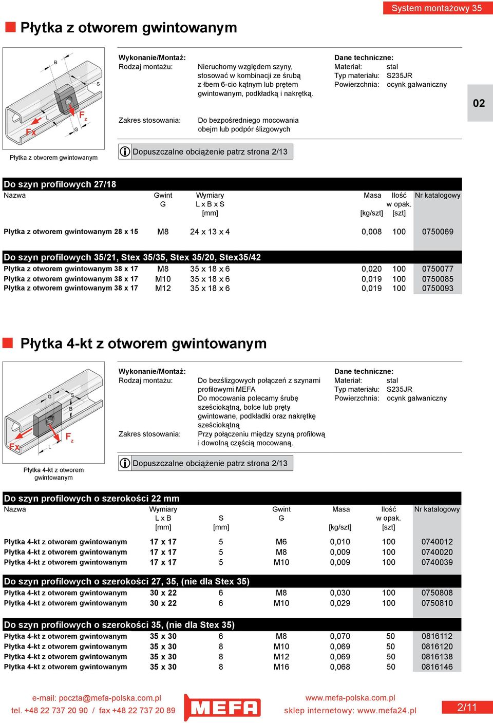 Fx Zakres stosowania: Do bezpośredniego mocowania obejm lub podpór ślizgowych Płytka z otworem gwintowanym Dopuszczalne obciążenie patrz strona 2/13 Do szyn profilowych 27/18 Nazwa Gwint Wymiary Masa