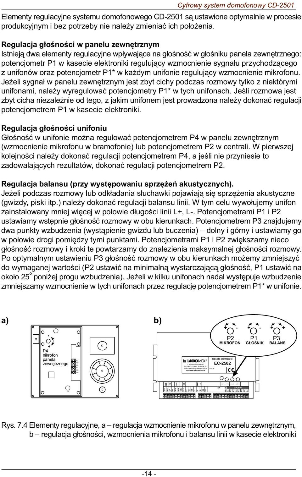Regulacja g³oœnoœci w panelu zewnêtrznym Istniej¹ dwa elementy regulacyjne wp³ywaj¹ce na g³oœnoœæ w g³oœniku panela zewnêtrznego: potencjometr P1 w kasecie elektroniki reguluj¹cy wzmocnienie sygna³u