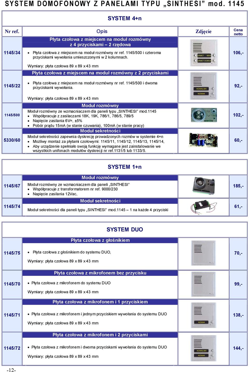 Wymiary: płyta czołowa 89 x 89 x 43 mm Płyta czołowa z miejscem na moduł rozmówny z 2 przyciskami 106,- 1145/22 Płyta czołowa z miejscem na moduł rozmówny nr ref.