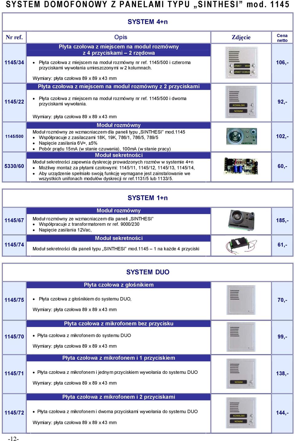 Wymiary: płyta czołowa 89 x 89 x 43 mm Płyta czołowa z miejscem na moduł rozmówny z 2 przyciskami 106,- 1145/22 Płyta czołowa z miejscem na moduł rozmówny nr ref.