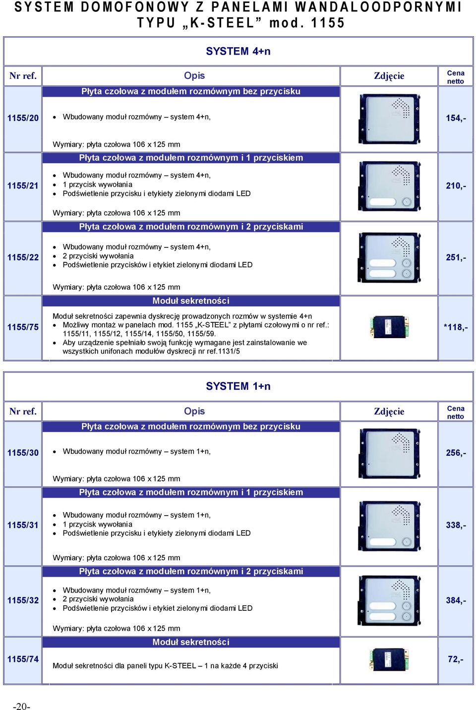 przyciskiem Wbudowany moduł rozmówny system 4+n, 1 przycisk wywołania Podświetlenie przycisku i etykiety zielonymi diodami LED 210,- 1155/22 Wymiary: płyta czołowa 106 x 125 mm Płyta czołowa z