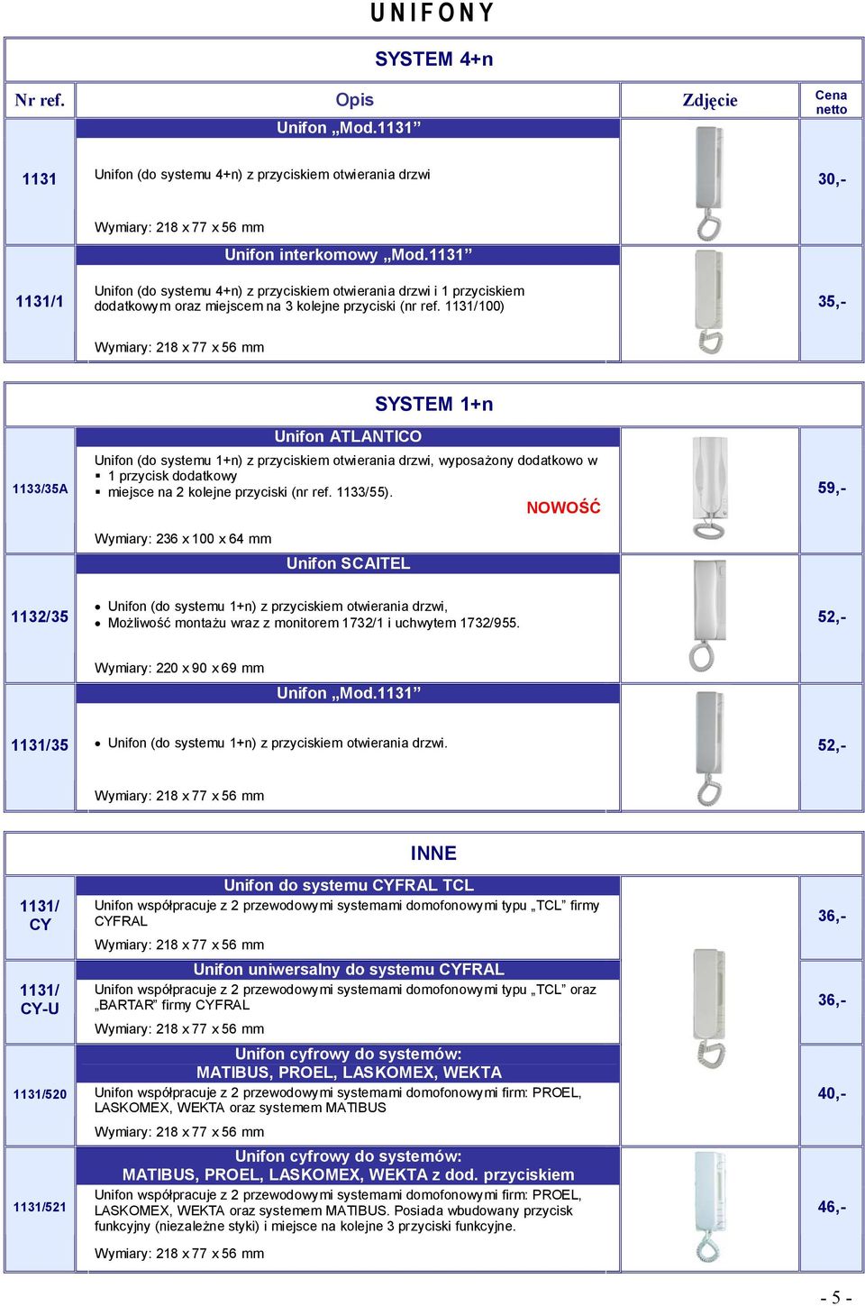 1131/100) 35,- Wymiary: 218 x 77 x 56 mm 1133/35A SYSTEM 1+n Unifon ATLANTICO Unifon (do systemu 1+n) z przyciskiem otwierania drzwi, wyposażony dodatkowo w 1 przycisk dodatkowy miejsce na 2 kolejne