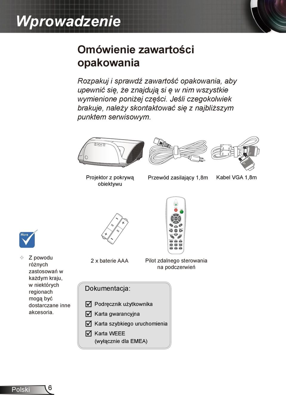 Z powodu różnych zastosowań w każdym kraju, w niektórych regionach mogą być dostarczane inne akcesoria.
