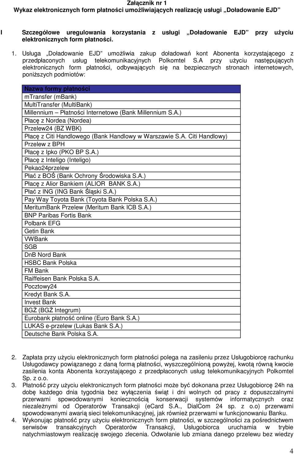 A przy uŝyciu następujących elektronicznych form płatności, odbywających się na bezpiecznych stronach internetowych, poniŝszych podmiotów: Nazwa formy płatności mtransfer (mbank) MultiTransfer