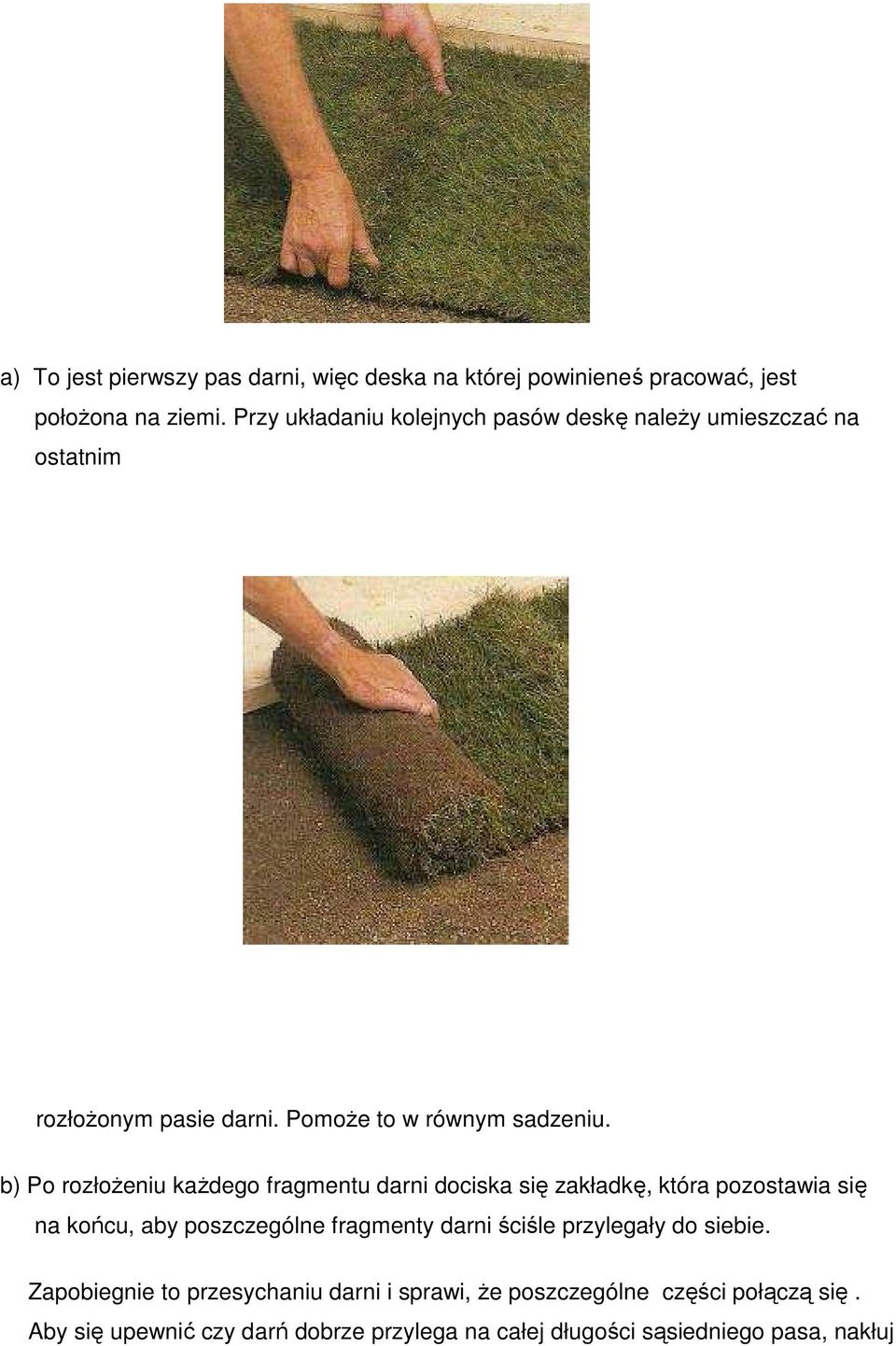 b) Po rozłoŝeniu kaŝdego fragmentu darni dociska się zakładkę, która pozostawia się na końcu, aby poszczególne fragmenty darni ściśle