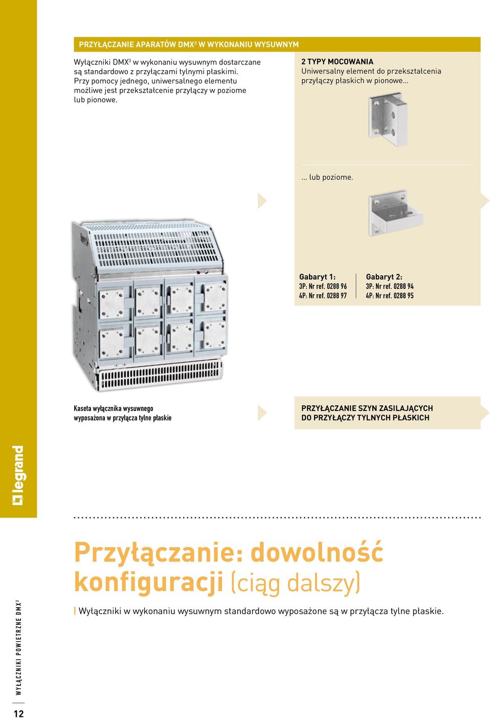 2 TYPY MOCOWANIA Uniwersalny element do przekształcenia przyłączy płaskich w pionowe lub poziome. Gabaryt 1: 3P: Nr ref. 0288 96 4P: Nr ref. 0288 97 Gabaryt 2: 3P: Nr ref.