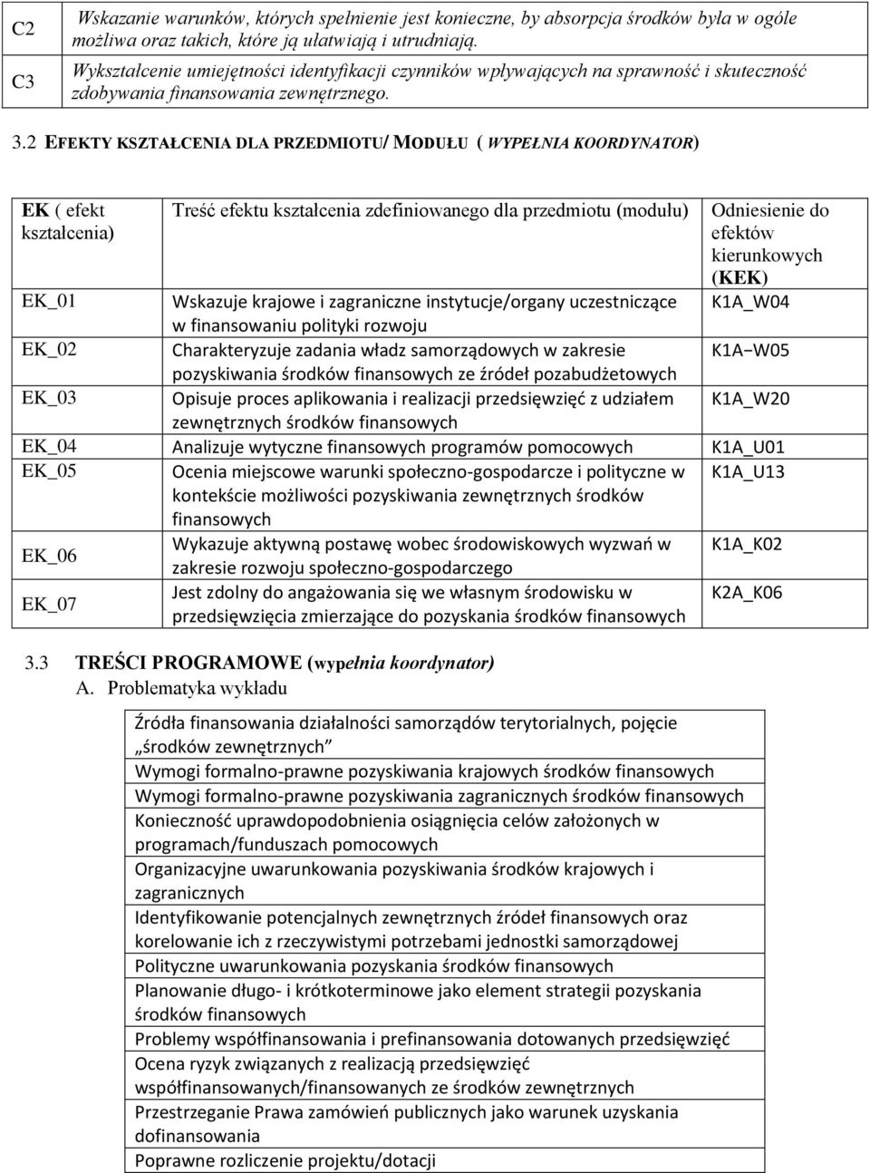 2 EFEKTY KSZTAŁCENIA DLA PRZEDMIOTU/ MODUŁU ( WYPEŁNIA KOORDYNATOR) EK ( efekt kształcenia) Treść efektu kształcenia zdefiniowanego dla przedmiotu (modułu) Odniesienie do efektów kierunkowych (KEK)