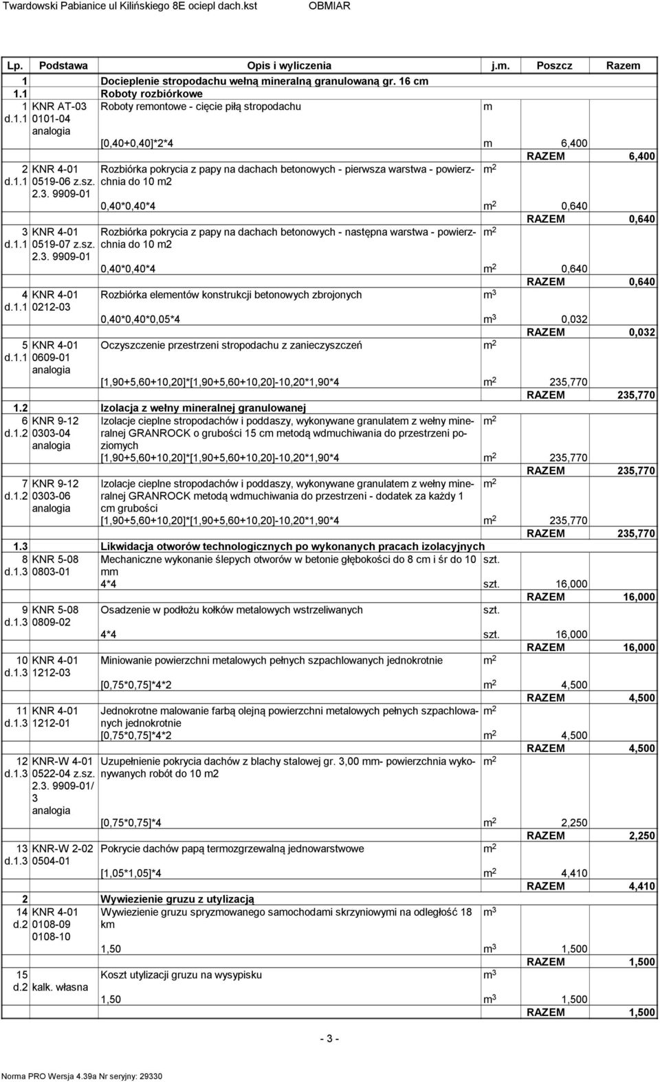 1.1 0212-03 5 KNR 4-01 d.1.1 0609-01 0,40*0,40*4 0,640 0,640 Rozbiórka elementów konstrukcji betonowych zbrojonych m 3 0,40*0,40*0,05*4 m 3 0,032 0,032 Oczyszczenie przestrzeni stropodachu z