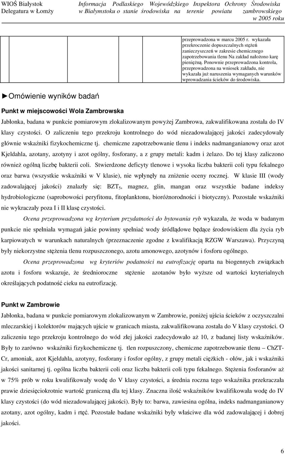 Omówienie wyników badań Punkt w miejscowości Wola Zambrowska Jabłonka, badana w punkcie pomiarowym zlokalizowanym powyżej Zambrowa, zakwalifikowana została do IV klasy czystości.