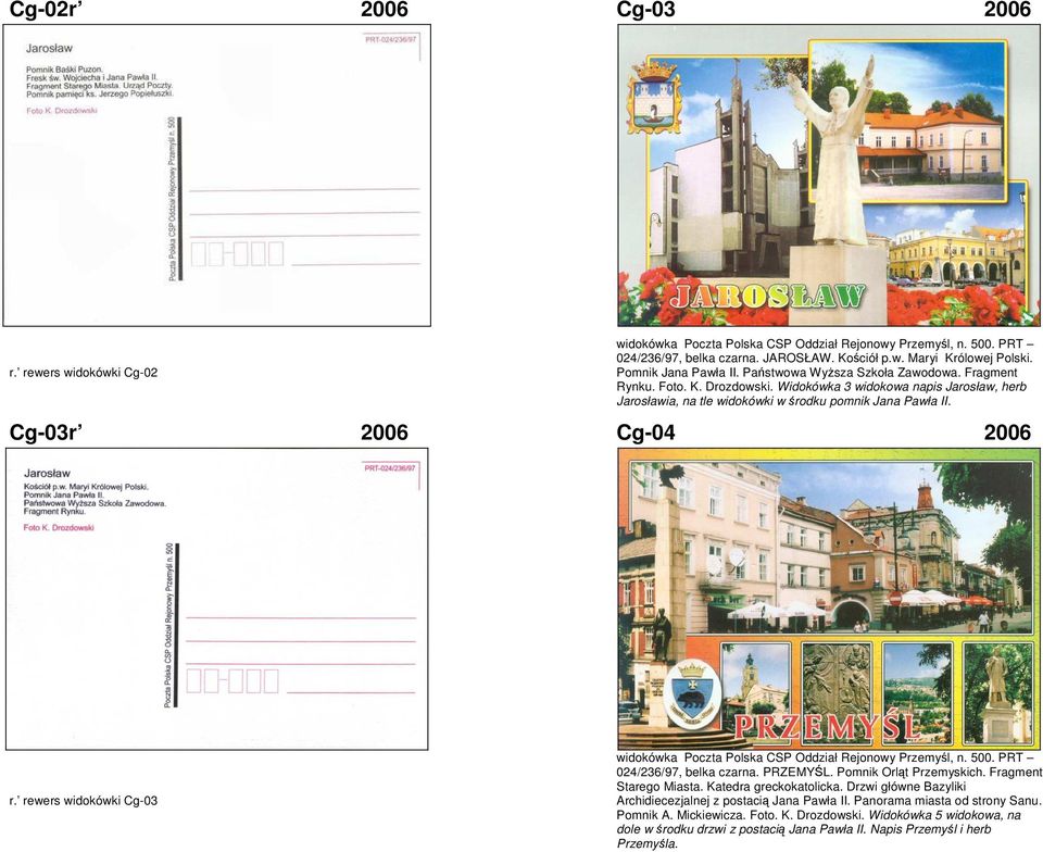 Cg-03r 2006 Cg-04 2006 r. rewers widokówki Cg-03 widokówka Poczta Polska CSP Oddział Rejonowy Przemyśl, n. 500. PRT 024/236/97, belka czarna. PRZEMYŚL. Pomnik Orląt Przemyskich.