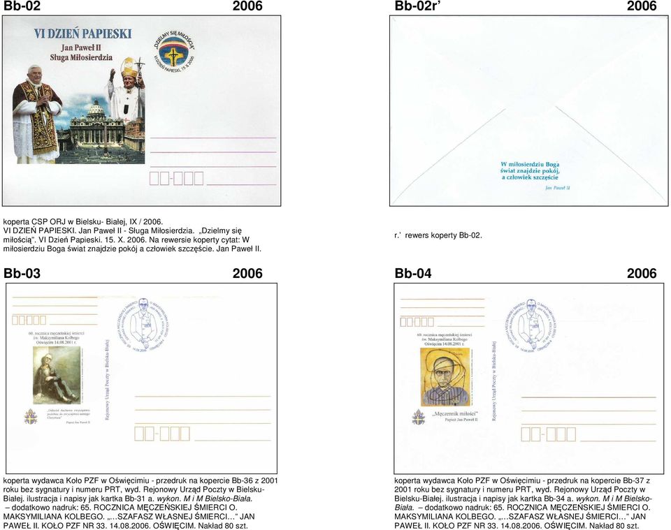 Rejonowy Urząd Poczty w Bielsku- Białej. ilustracja i napisy jak kartka Bb-31 a. wykon. M i M Bielsko-Biała. dodatkowo nadruk: 65. ROCZNICA MĘCZEŃSKIEJ ŚMIERCI O. MAKSYMILIANA KOLBEGO.