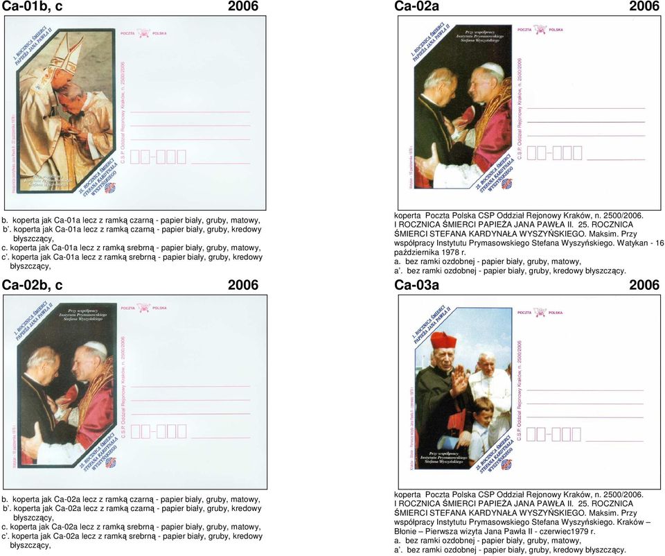 koperta jak Ca-01a lecz z ramką srebrną - papier biały, gruby, kredowy błyszczący, koperta Poczta Polska CSP Oddział Rejonowy Kraków, n. 2500/2006. I ROCZNICA ŚMIERCI PAPIEŻA JANA PAWŁA II. 25. ROCZNICA ŚMIERCI STEFANA KARDYNAŁA WYSZYŃSKIEGO.