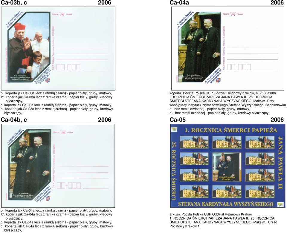 koperta jak Ca-03a lecz z ramką srebrną - papier biały, gruby, kredowy błyszczący, koperta Poczta Polska CSP Oddział Rejonowy Kraków, n. 2500/2006. I ROCZNICA ŚMIERCI PAPIEŻA JANA PAWŁA II. 25. ROCZNICA ŚMIERCI STEFANA KARDYNAŁA WYSZYŃSKIEGO.