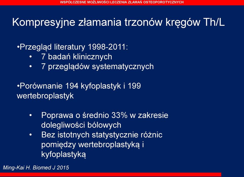 wertebroplastyk Poprawa o średnio 33% w zakresie dolegliwości bólowych Bez