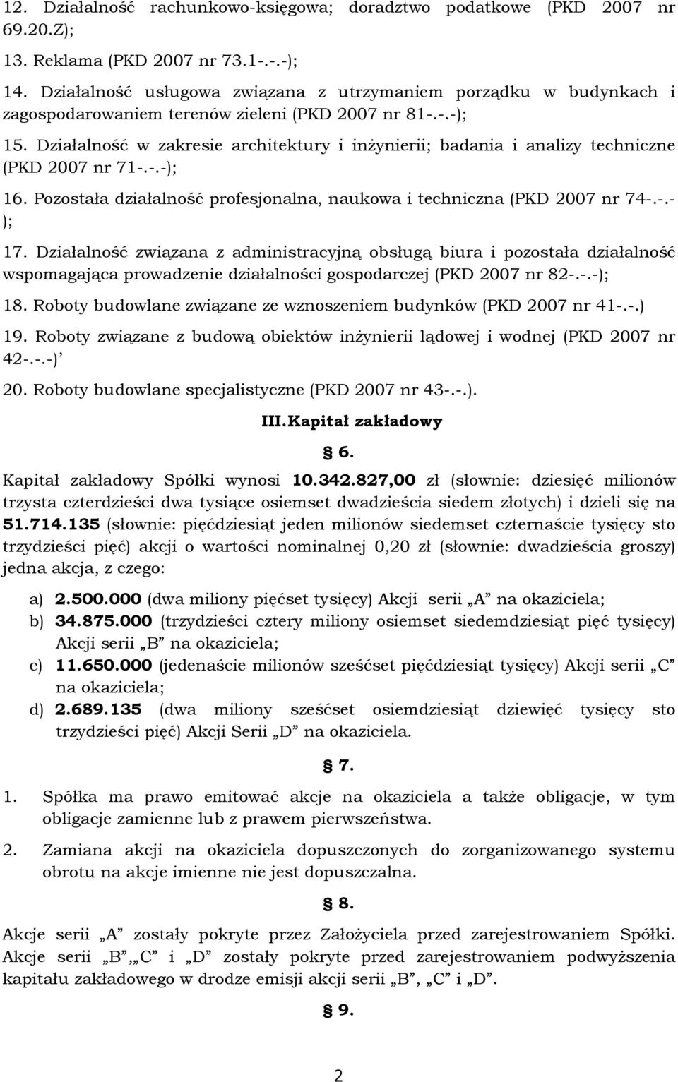 Działalność w zakresie architektury i inŝynierii; badania i analizy techniczne (PKD 2007 nr 71-.-.-); 16. Pozostała działalność profesjonalna, naukowa i techniczna (PKD 2007 nr 74-.-.- ); 17.