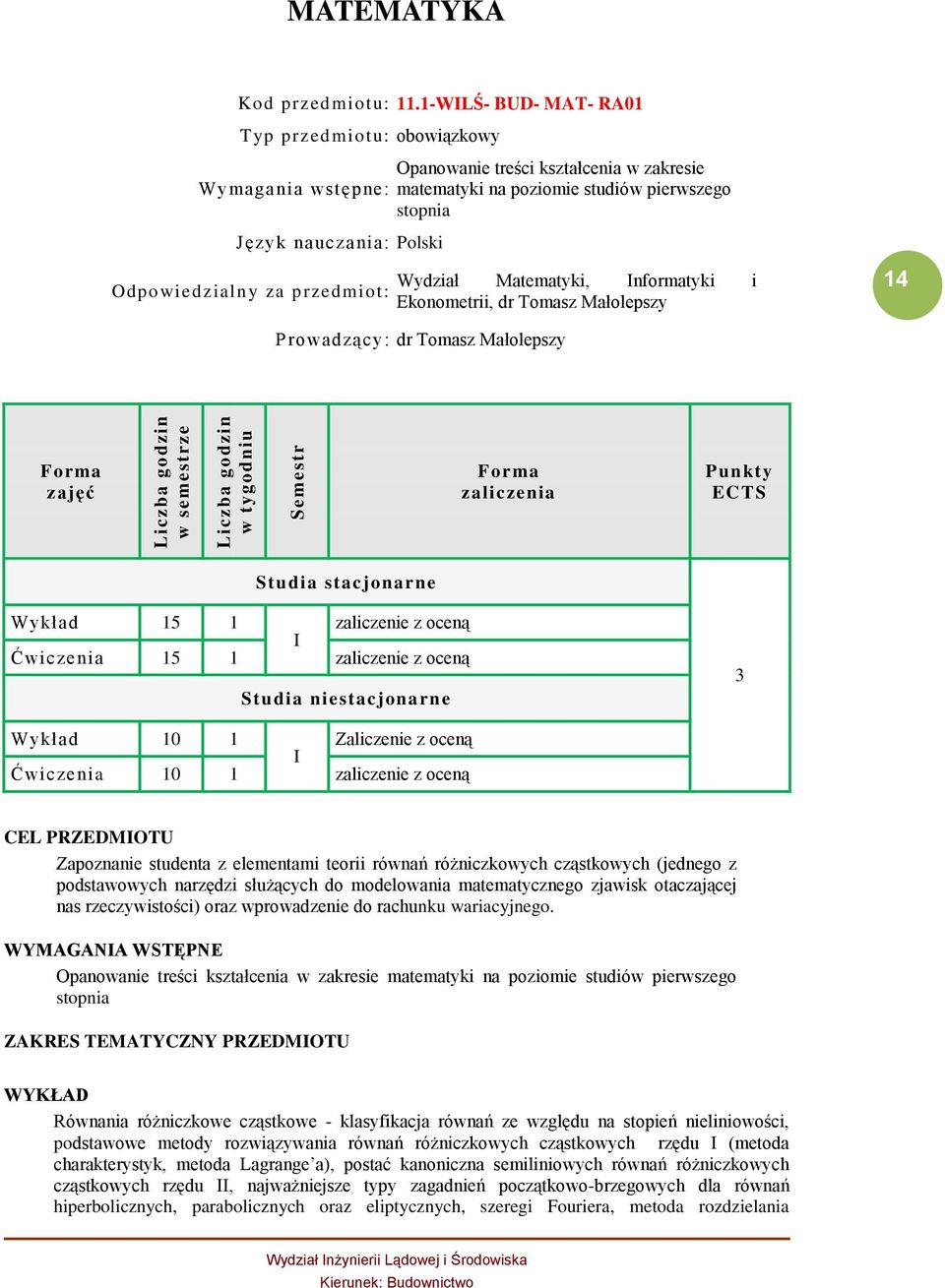 pierwszego stopnia Wydział Matematyki, Informatyki i Ekonometrii, dr Tomasz Małolepszy 14 Prowadzący: dr Tomasz Małolepszy zajęć zaliczenia Punkty Studia stacjonarne Wykład 15 1 zaliczenie z oceną I