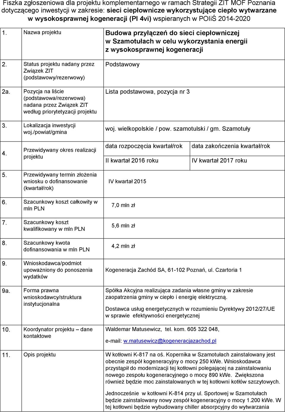 Status projektu nadany przez Związek ZIT (podstawowy/rezerwowy) 2a. Pozycja na liście (podstawowa/rezerwowa) nadana przez Związek ZIT według priorytetyzacji projektu 3. Lokalizacja inwestycji woj.