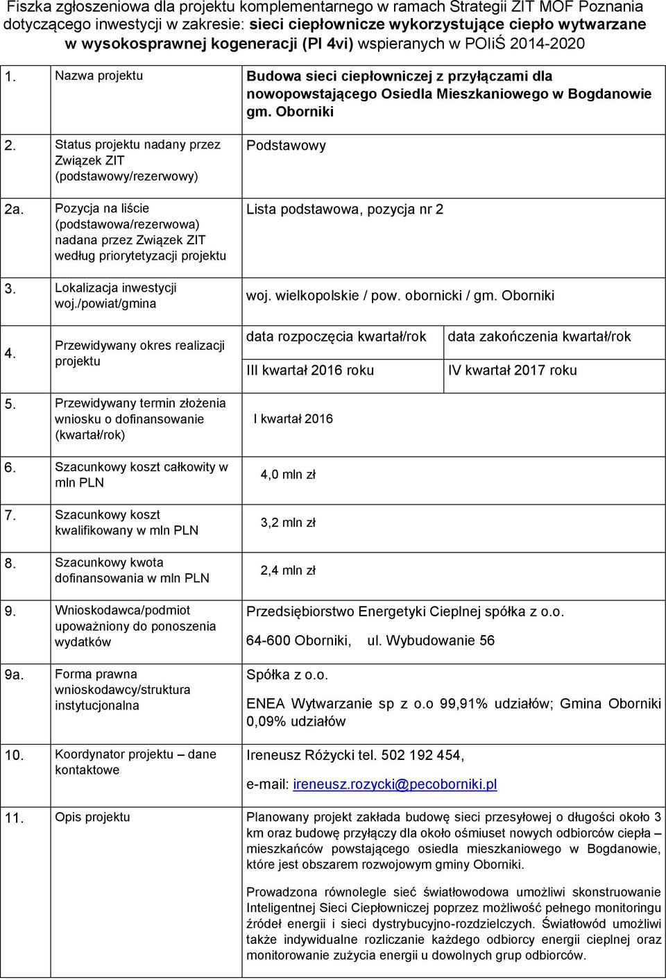 Status projektu nadany przez Związek ZIT (podstawowy/rezerwowy) 2a. Pozycja na liście (podstawowa/rezerwowa) nadana przez Związek ZIT według priorytetyzacji projektu 3. Lokalizacja inwestycji woj.