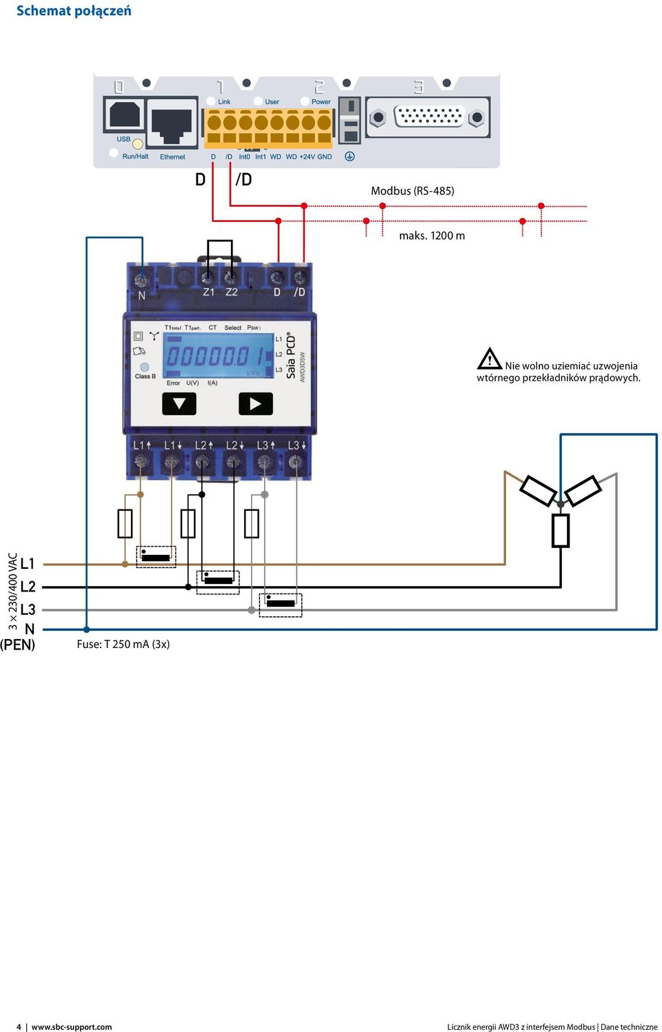 prądowych. 3 230/400 VAC N (PEN) Fuse: T 250 ma (3x) 4 www.