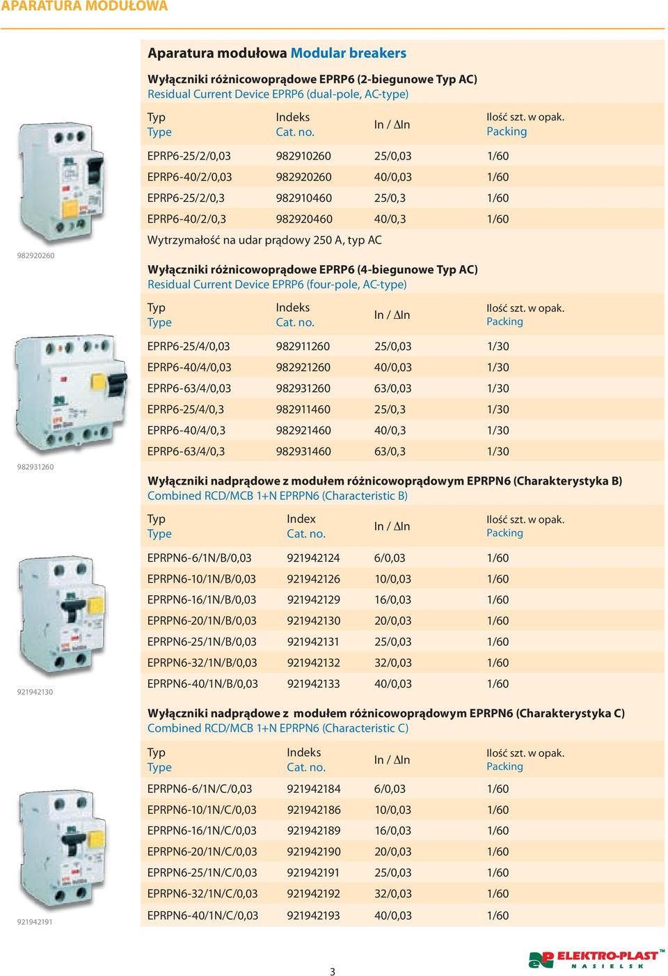 udar prądowy 250 A, typ AC Wyłączniki różnicowoprądowe EPRP6 (4-biegunowe AC) Residual Current Device EPRP6 (four-pole, AC-type) e Cat. no.