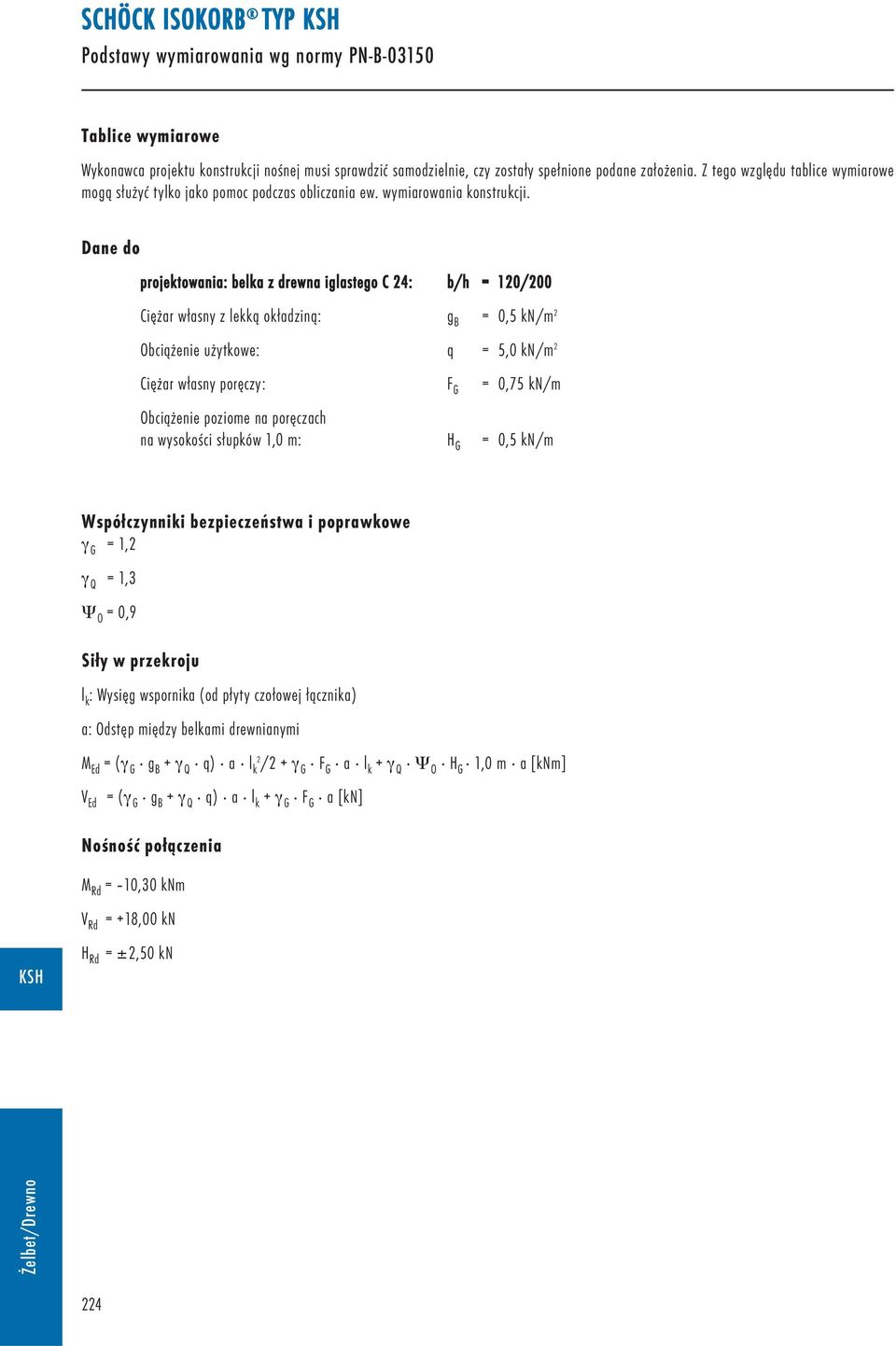 Dane do projektowania: belka z drewna iglastego C 24: b/h = 120/200 Ciężar własny z lekką okładziną: g B = 0,5 kn/m 2 Obciążenie użytkowe: q = 5,0 kn/m 2 Ciężar własny poręczy: F G = 0,75 kn/m