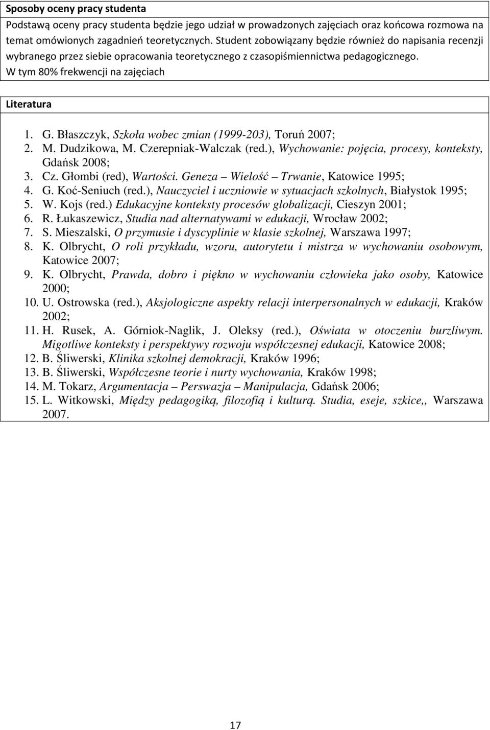 Błaszczyk, Szkoła wobec zmian (1999-203), Toruń 2007; 2. M. Dudzikowa, M. Czerepniak-Walczak (red.), Wychowanie: pojęcia, procesy, konteksty, Gdańsk 2008; 3. Cz. Głombi (red), Wartości.