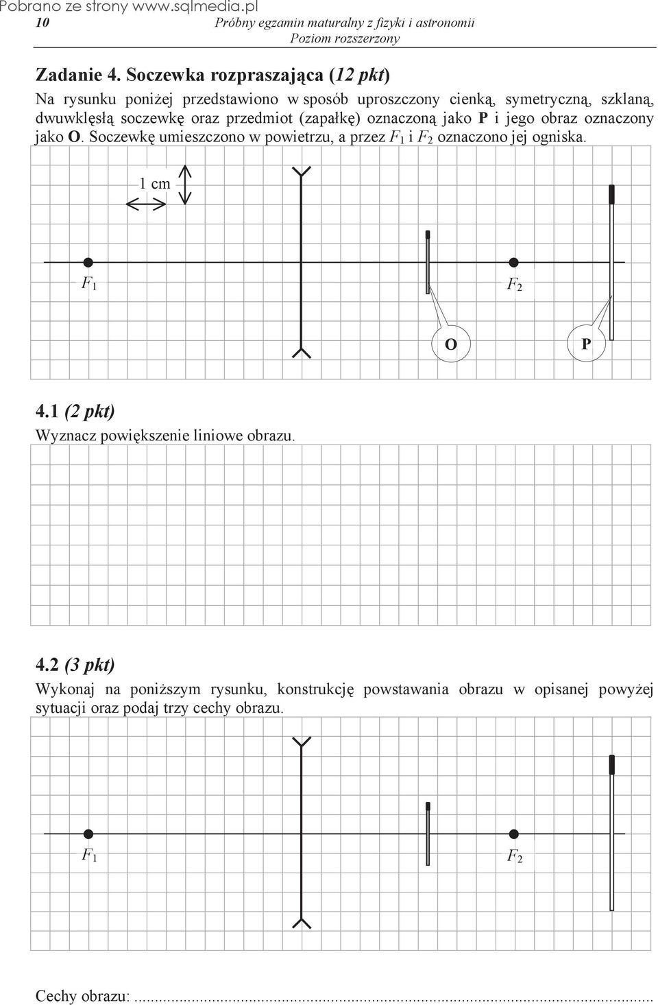 przedmiot (zapa k ) oznaczon jako P i jego obraz oznaczony jako O. Soczewk umieszczono w powietrzu, a przez F 1 i F 2 oznaczono jej ogniska.