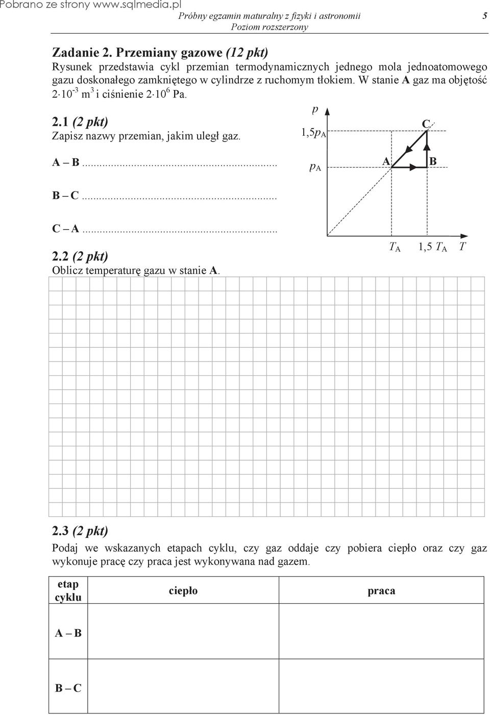 ruchomym t okiem. W stanie A gaz ma obj to 2 10-3 m 3 i ci nienie 2 10 6 Pa. 2.1 (2 pkt) Zapisz nazwy przemian, jakim uleg gaz. p 1,5p A C A B.