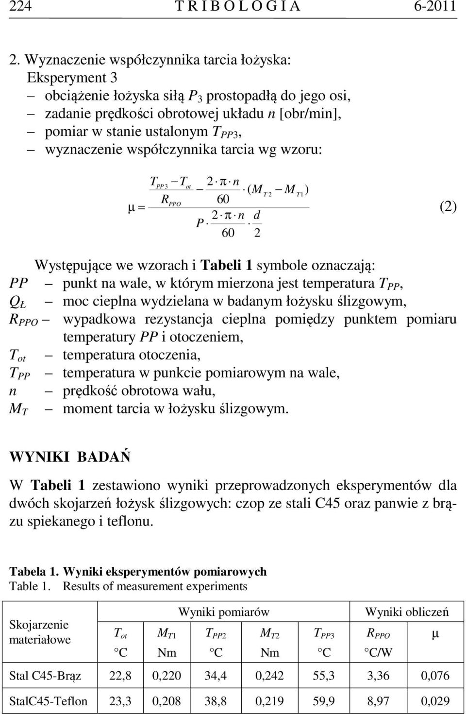 wyznaczenie współczynnika tarcia wg wzoru: T T 2 π n PP3 ot ( M M ) T 2 T1 R 60 PPO µ = (2) 2 π n d P 60 2 Występujące we wzorach i Tabeli 1 symbole oznaczają: PP punkt na wale, w którym mierzona