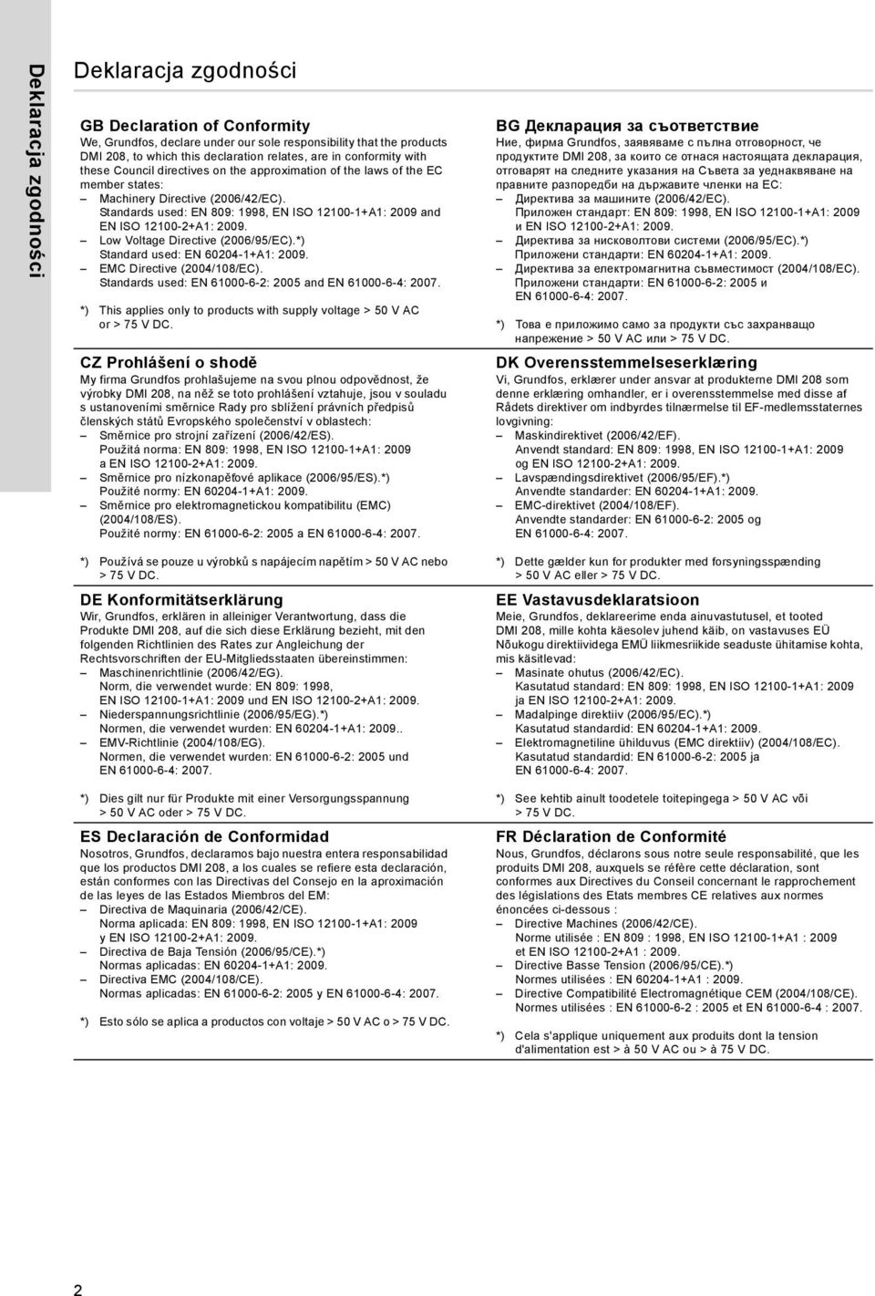 Standards used: EN 809: 1998, EN ISO 1100-1+A1: 009 and EN ISO 1100-+A1: 009. Low Voltage Directive (006/95/EC).*) Standard used: EN 6004-1+A1: 009. EMC Directive (004/108/EC).