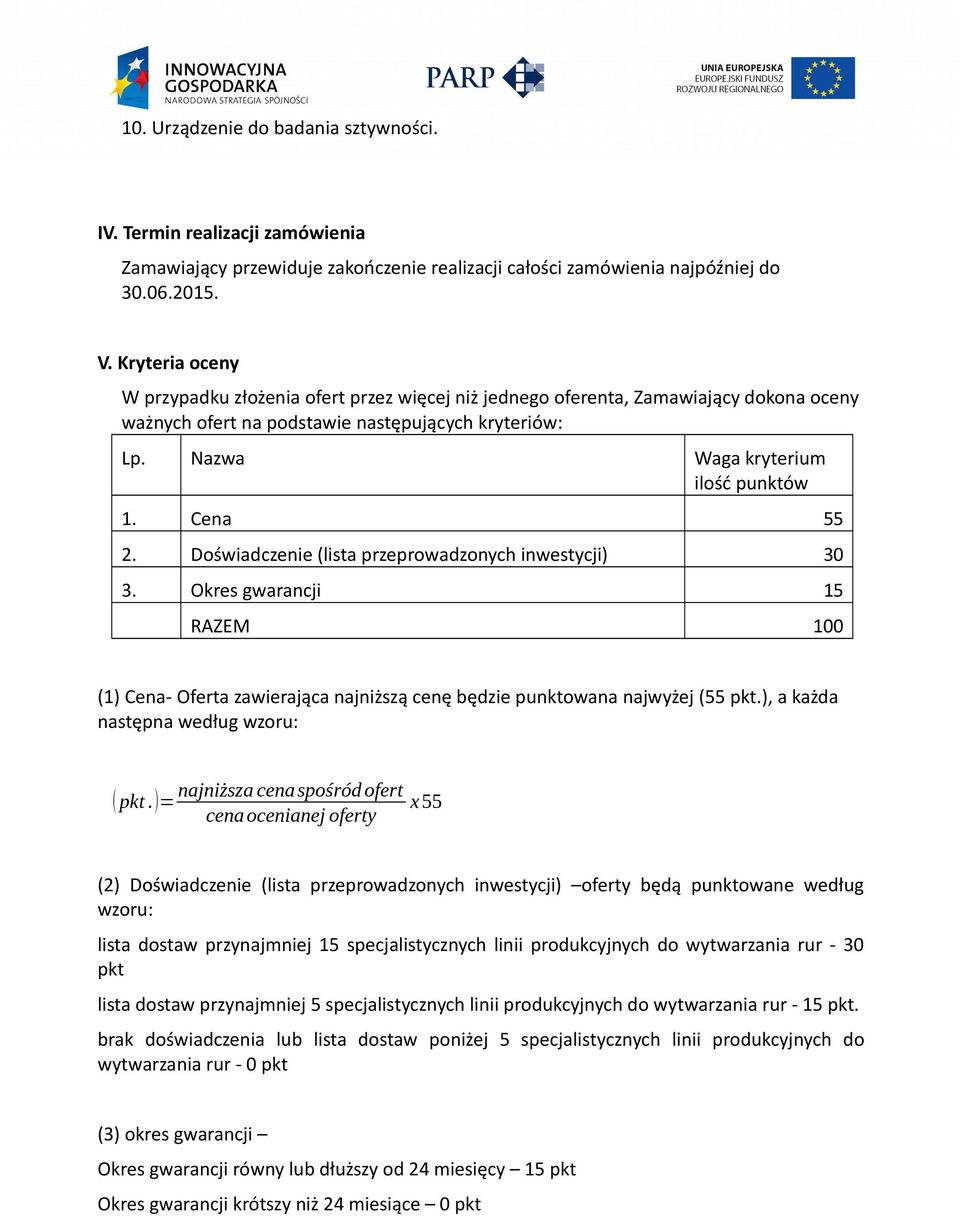 Cena 55 2. Doświadczenie (lista przeprowadzonych inwestycji) 30 3. Okres gwarancji 15 RAZEM 100 (1) Cena- Oferta zawierająca najniższą cenę będzie punktowana najwyżej (55 pkt.
