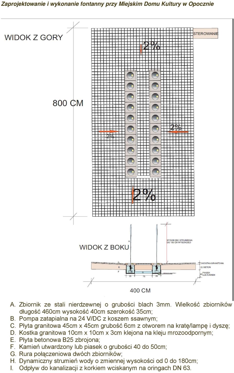 Kostka granitowa 10cm x 10cm x 3cm klejona na kleju mrozoodpornym; E. Płyta betonowa B25 zbrojona; F.