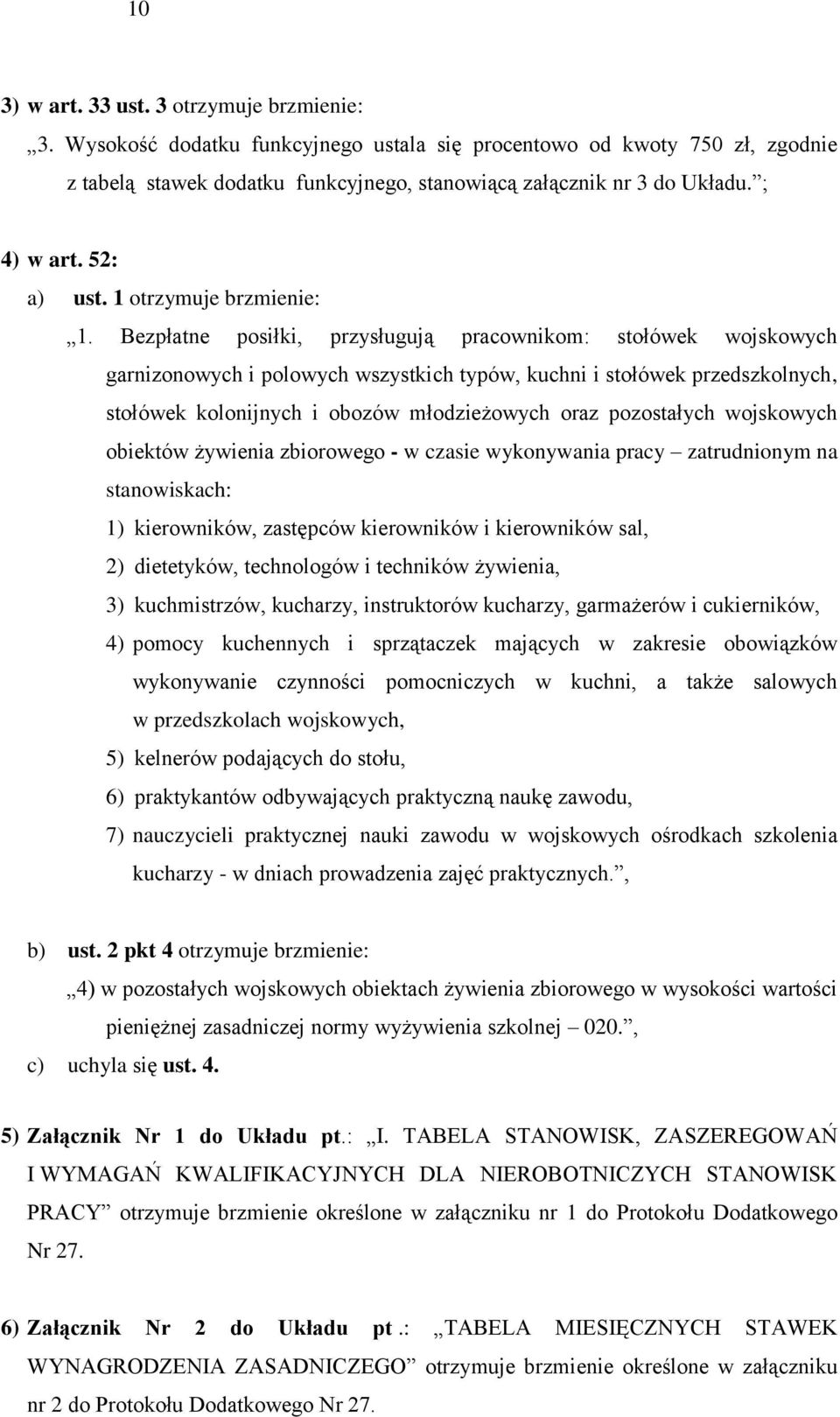 Bezpłatne posiłki, przysługują pracownikom: stołówek wojskowych garnizonowych i polowych wszystkich typów, kuchni i stołówek przedszkolnych, stołówek kolonijnych i obozów młodzieżowych oraz