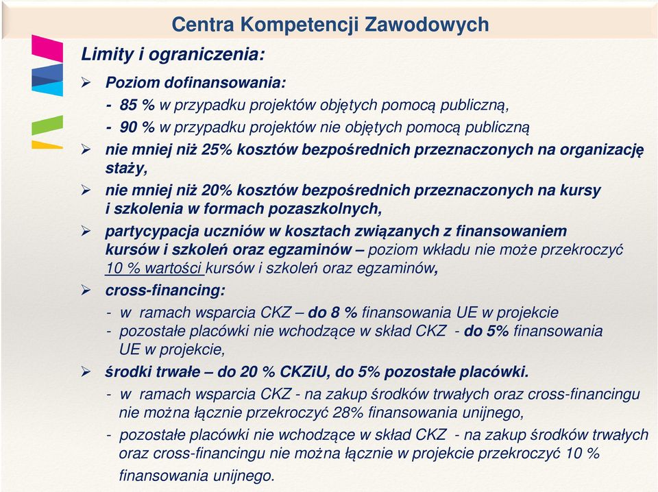 kosztach związanych z finansowaniem kursów i szkoleń oraz egzaminów poziom wkładu nie może przekroczyć 10 % wartości kursów i szkoleń oraz egzaminów, cross-financing: - w ramach wsparcia CKZ do 8 %