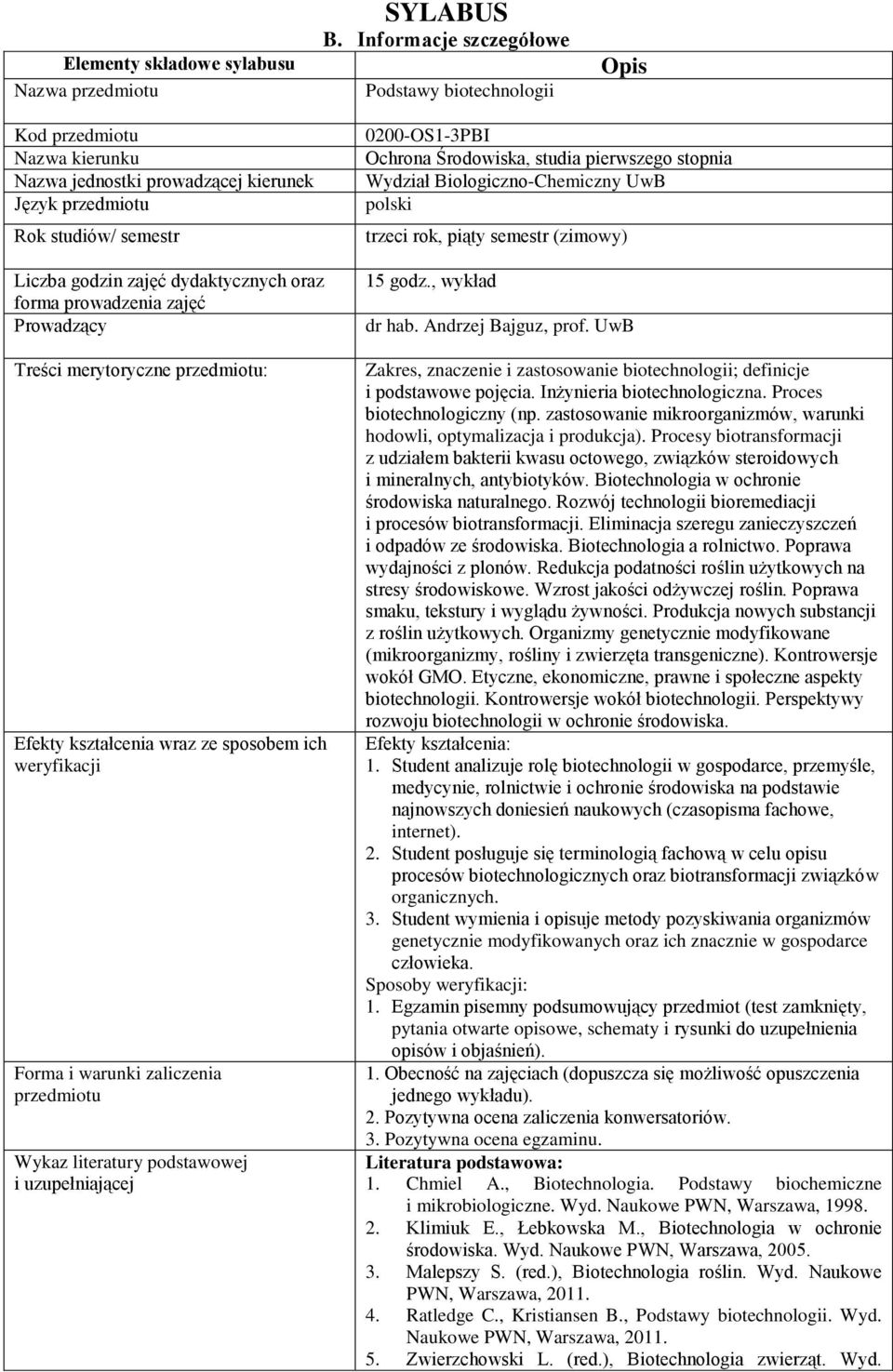 forma prowadzenia zajęć Prowadzący Treści merytoryczne przedmiotu: Efekty kształcenia wraz ze sposobem ich weryfikacji Forma i warunki zaliczenia przedmiotu Wykaz literatury podstawowej i