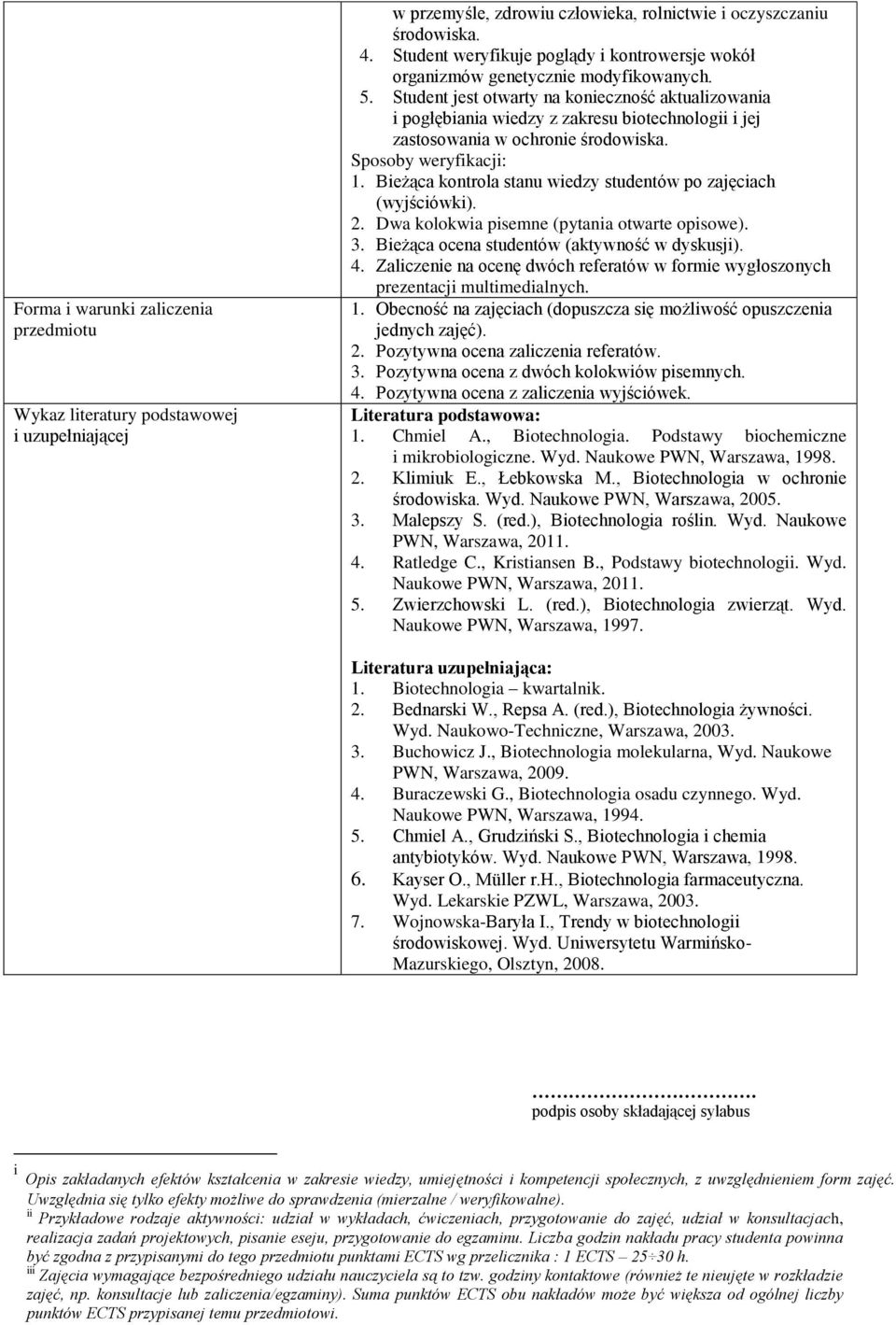 Student jest otwarty na konieczność aktualizowania i pogłębiania wiedzy z zakresu biotechnologii i jej zastosowania w ochronie środowiska. Sposoby weryfikacji: 1.