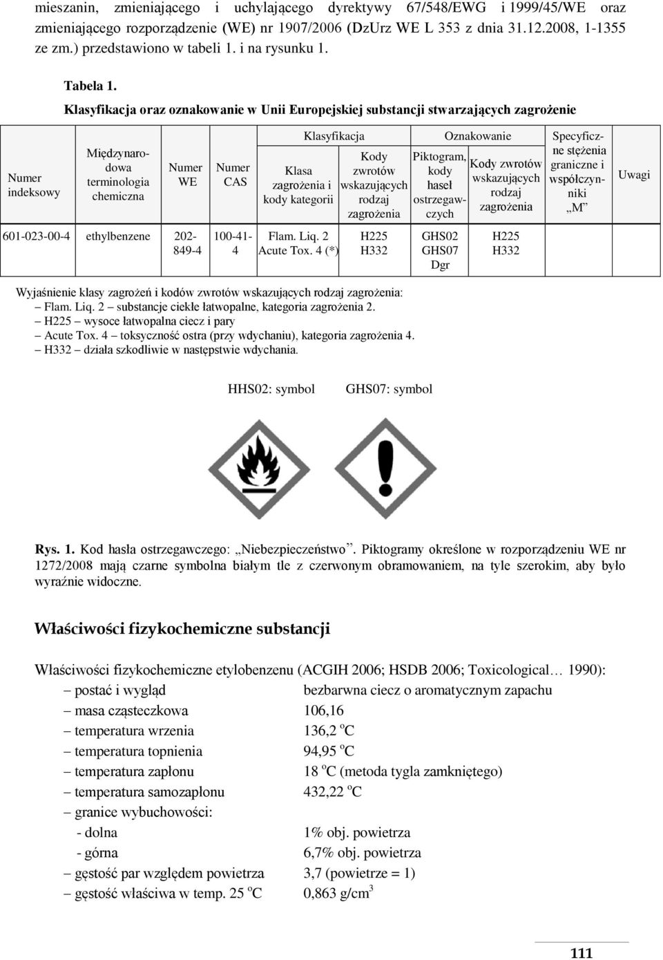 Klasyfikacja oraz oznakowanie w Unii Europejskiej substancji stwarzających zagrożenie Numer indeksowy Międzynarodowa terminologia chemiczna Numer WE 601-023-00-4 ethylbenzene 202-849-4 Numer CAS
