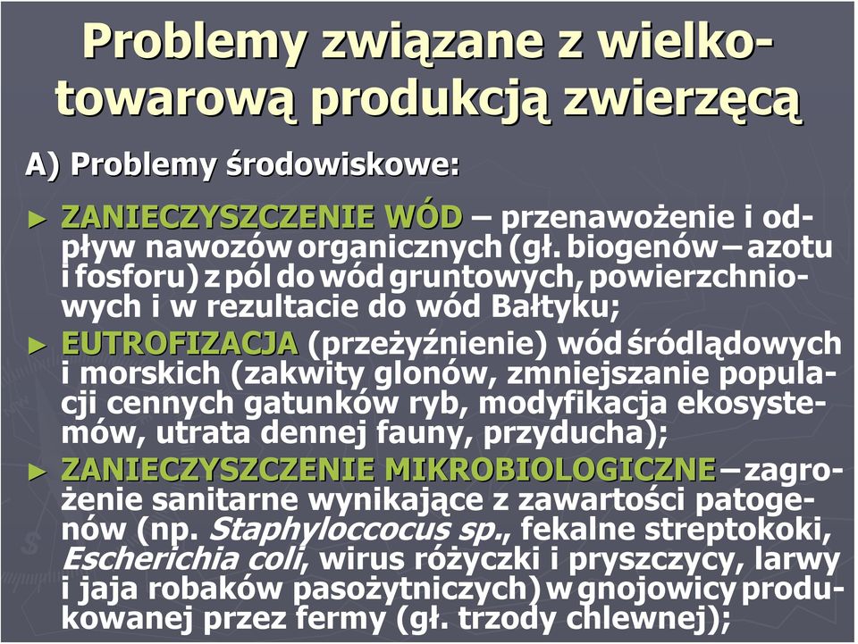 zmniejszanie populacji cennych gatunków ryb, modyfikacja ekosystemów, utrata dennej fauny, przyducha); ZANIECZYSZCZENIE MIKROBIOLOGICZNE zagrożenie sanitarne wynikające z