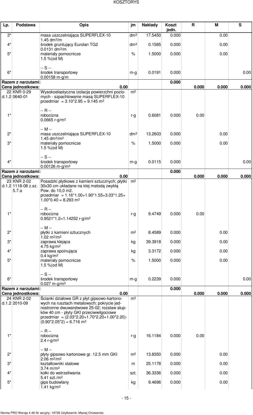 45 d / -g 0.05 0.000 0.00 4* środek transportowy 0.006 -g/ d.. KNR -0 8-08 z.sz. 5.7.a Posadzki płytkowe z kaieni sztucznych; płytki 0x0 c układane na klej etodą zwykłą Pow. do 0,0. przediar =.6*.00+.